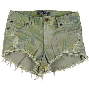 Mid rise jean shorts.